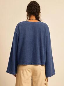 Freevana Áo sơ mi tay loe rộng rãi buộc dây phía trước cỡ lớn, mùa thu - Xanh đậm - Xem 2