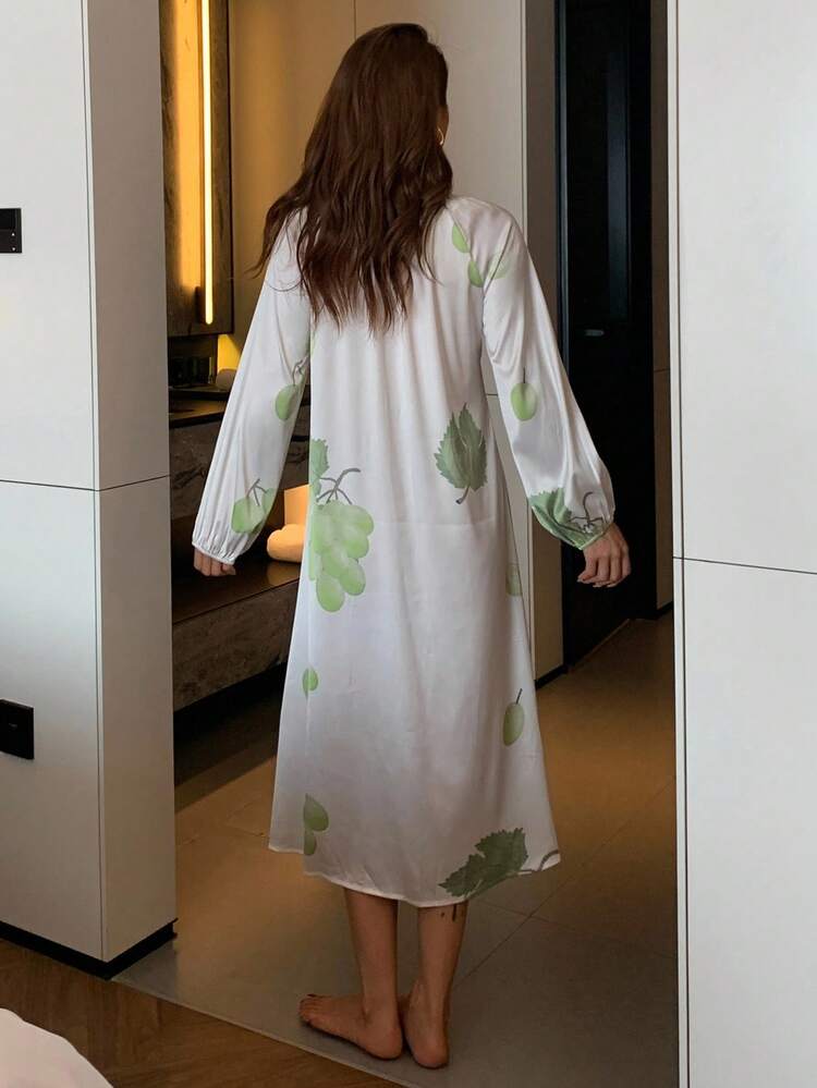 Women's V-Neck Ruched Waist Grape Pattern Nightgown Sleepwear Dress, For Fall Pajama