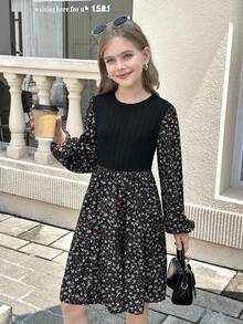 SHEIN Tween Girl LUNE 花卉印花灯笼袖荷叶边下摆连衣裙，法式花卉，仙女裙，田园风 - 黑色 - 查看 5
