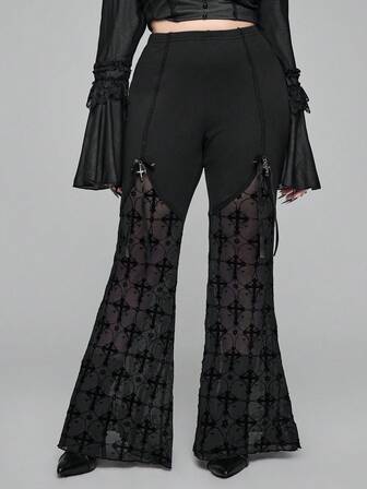 EDITION Plus Size Gothic Cross Lace Sheer Flare Pants