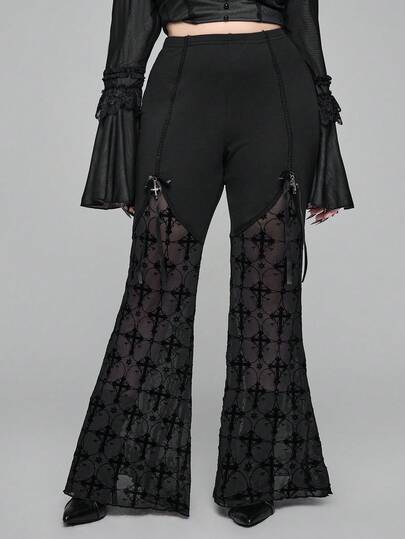 EDITION Plus Size Gothic Cross Lace Sheer Flare Pants