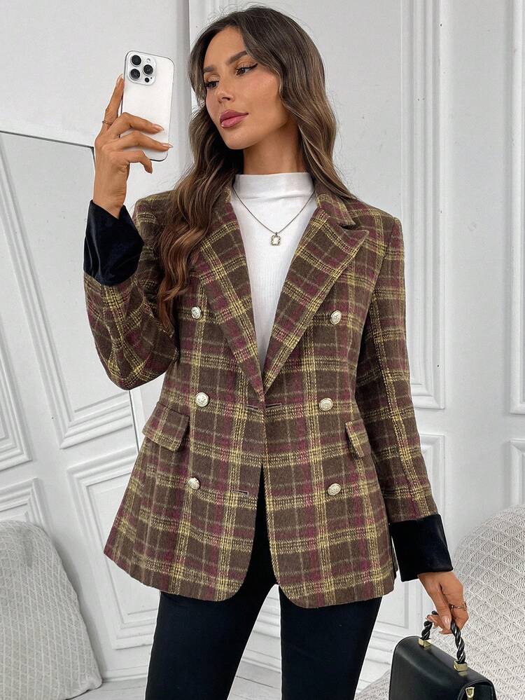 Women's Plaid Lapel NeckLong Sleeve Double-Breasted Casual Blazer Jacket, Autumn