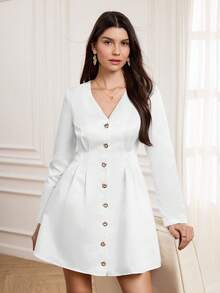Miaspire Elegant V-Neck Metal Buckle Waist Dress, Suitable For Parties, Gatherings, Autumn/Winter Elegant White Cardigan Dress,Women's Fall Dress,Prom Dress,Chic Women's Dress,White Dress New Year, Zip-Up Dress - White - View 6