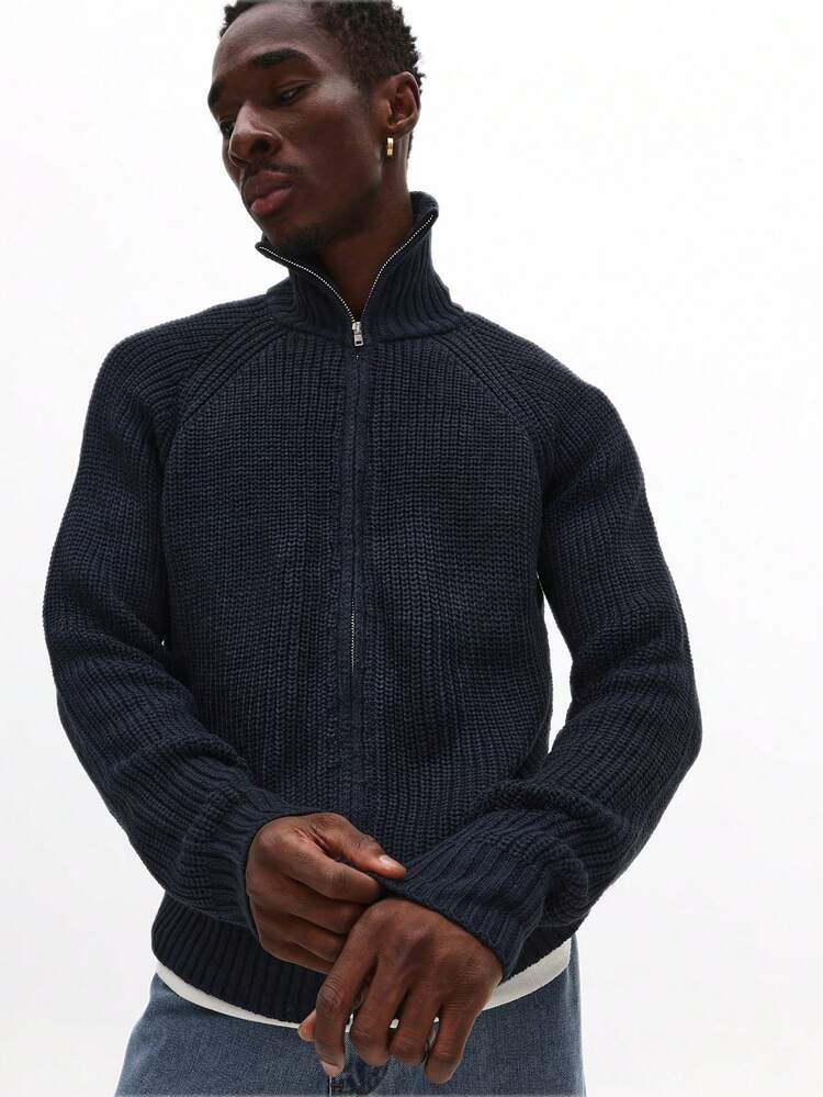 Full Zip Chunky Knit Cardigan With Ribbed Texture