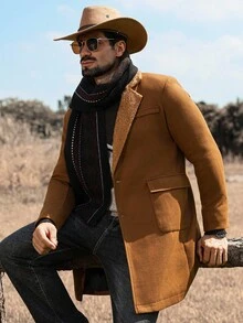 Manfinity Nomadique Men's Solid Color Pocket & Button Front Long Sleeve Overcoat, Autumn Fall Going Out Overcoat, For Friends, Husband, Boyfriend Gifts Men Long Coat Brown For Men