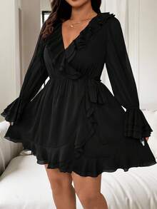 Vionelle Vestido largo y corto de mujer talla grande de primavera/verano, estilo francés romántico de Sicilia, elegante y casual, para ir a trabajar, de vacaciones, para tomar el té de la tarde, de unicolor, de gasa con pliegues, cruzado con lazo, de doble capa con volantes en las mangas, forrado