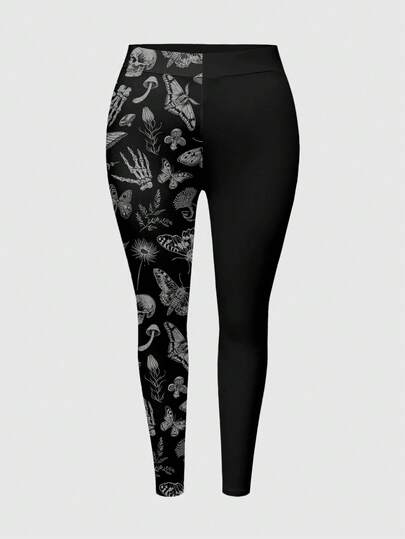 Gothic Dark Forest Mushroom Skull Sun Moon Star Bat Butterfly Plant Sexy Skinny Leggings For Women
