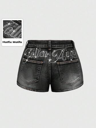 Grunge Punk Pantaloncini di jeans a vita bassa con decorazioni di strass, stile vintage punk, per festival musicali, sexy, per donne