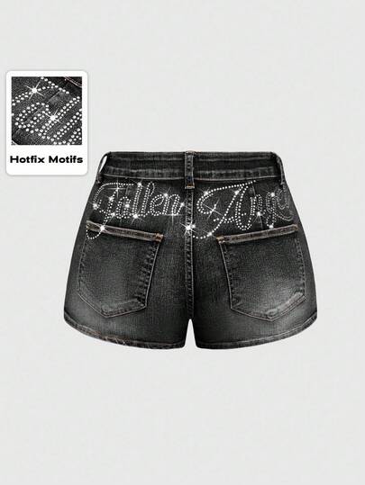 Grunge Punk Short en jean taille basse déchiré avec décoration de strass, style vintage punk Y2K sexy pour femmes