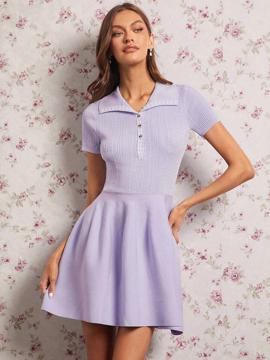 Enchnt 女式纽扣半襟短袖休闲针织连衣裙 - 紫色 - 查看 1