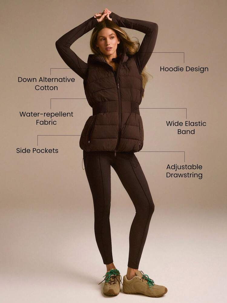 Bundle Up Soft Warm Chill Lightweight Water-Repellent Wide Elastic Waistband Zipper Pockets Adjustable Drawstring Hem Hood Down-Proof Hooded Puffer Vest Autumn Winter Outdoor Daily Casual