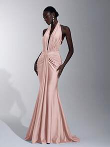 Elitara 优雅、浪漫、性感、简约、蓝色、有弹性、露背、露肩、紧身、3D 花卉、鱼尾下摆、时尚、网红风格、节日、度假、生日派对、婚礼活动、伴娘礼服 - 藕粉色 - 查看 1