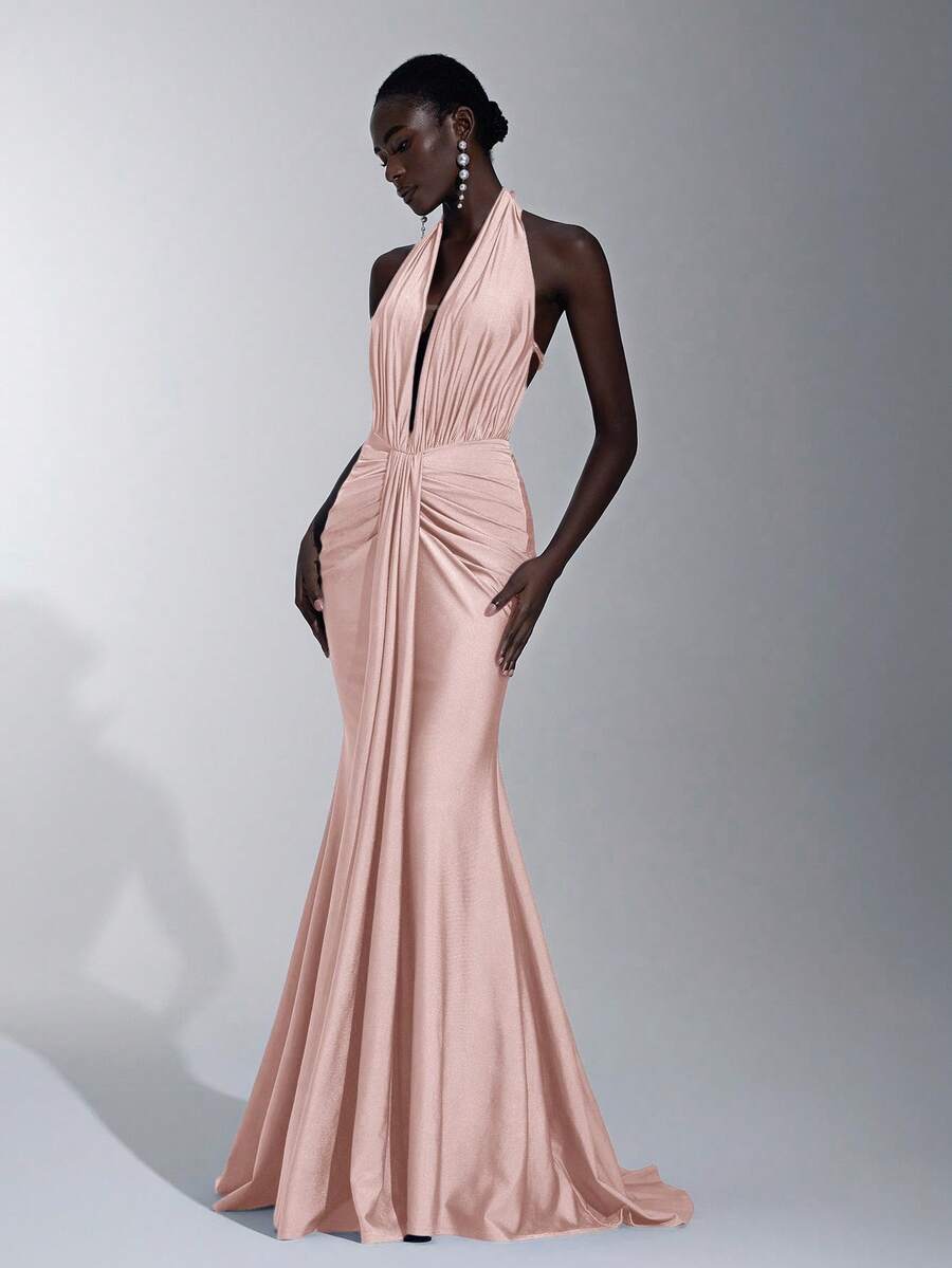 Elitara 优雅、浪漫、性感、简约、蓝色、有弹性、露背、露肩、紧身、3D 花卉、鱼尾下摆、时尚、网红风格、节日、度假、生日派对、婚礼活动、伴娘礼服 - 藕粉色 - 查看 1