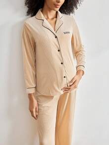 Moonlight&Mama BloomMama 撞色饰边字母刺绣天鹅绒领长袖上衣和裤子孕妇家居服套装，秋冬装，秋季服装，舒适装 - 香檳色 - 查看 4