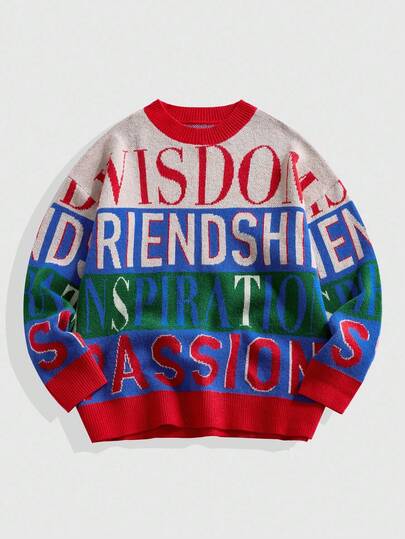 Street Life Men's Crew Neck Multicolor Jacquard Knit Sweater, Retro Streetwear, Fall/Winter