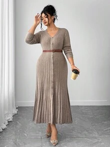 SHEIN Elenzya 1pc Women Plus Size Elegant V-Neck Long Sleeve Flared Hem Sweater Dress