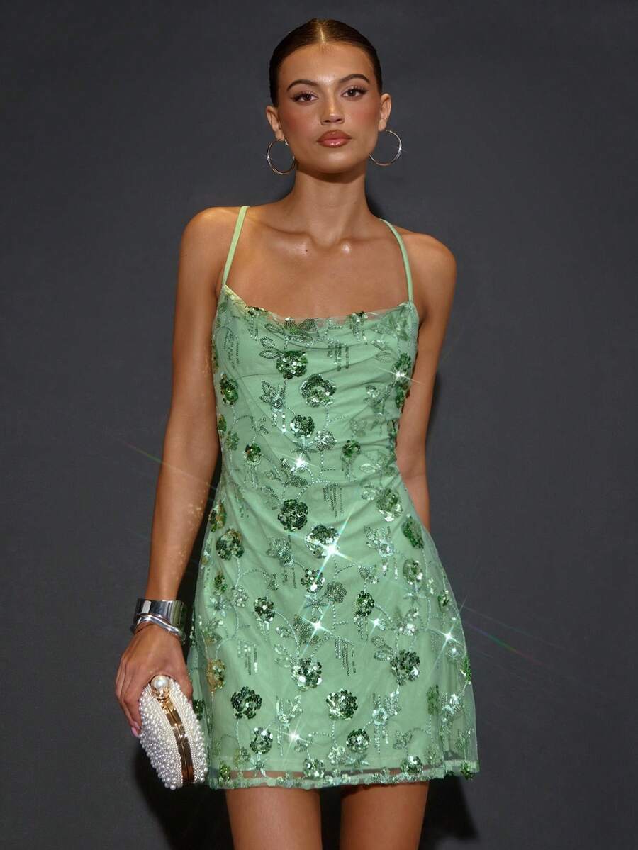 SHEIN BAE Vestido mini con tirantes de mujer de color verde sólido con bordado pesado de lentejuelas y espalda descubierta, adecuado para fiestas de cóctel, citas románticas, capas de otoño/invierno, reuniones, fiestas, noches de fiesta, eventos de discoteca - Verde - Ver 1