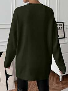 EURMUSE Women's Loose Fit Casual Sweater With Side Button Detail, Round Neck, Autumn/Winter - Green - View 2