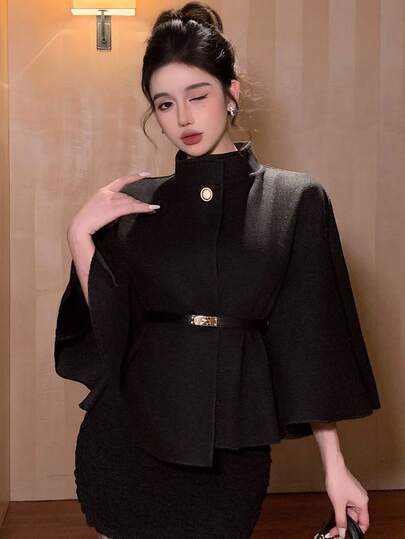 DAZY 宽松商务休闲披肩领罩衫，带金属扣装饰，适合办公室、婚礼、派对、秋冬季，女士厚外套