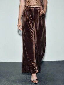 Lumivelle Chic Women's Long Wide Leg Coffee Brown Knitted Party Pants Velvet Pants Women - Coffee Brown - View 5