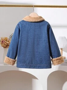 Genkimix Kids 秋冬新款韩版男童保暖内衬夹克，小翻领水洗牛仔休闲时尚外套 - 深色水洗藍 - 查看 3