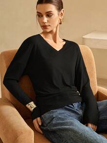 Lymera Women's Black Long Sleeve Ribbed V-Neck Tops,Autumn Basic Work Office Casual Shirts,Elegant Chic Luxury Soft Knit Fall Winter Party Occasion - Black - View 6