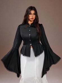 Rustia Plus Size Elegant Solid Color Bell Sleeve Blouse