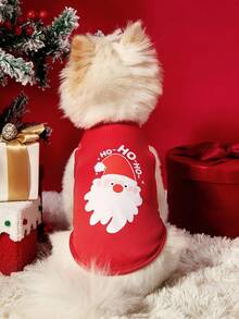 PETSIN 1 件宠物圣诞猫狗通用红色圣诞老人“Ho Ho Ho”卡通插画时尚可爱印花弹力舒适狗狗圣诞背心 - 彩色 - 查看 2