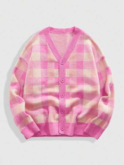 Street Life Men's Color Block Plaid Long Sleeve Knit Cardigan, Pink, Fall Winter
