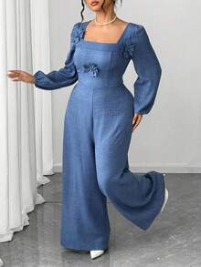 Elenzga Plus Size Women 3D Floral Decor Casual Square Neck Long Sleeve Jumpsuits - Blue - View 4