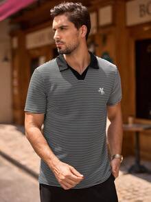 Manfinity VCAY Kemeja Polo Pria Elastis Kasual Bergaris Bordir - Blue and White - View 5