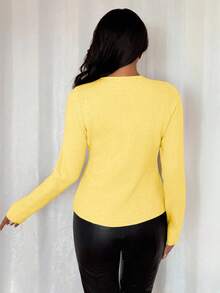 SHEIN ChicEase Women's Slim Fit Khaki Minimalist Daily Wear Deep V-Neck Asymmetric Metal Button Cardigan - Yellow - View 2