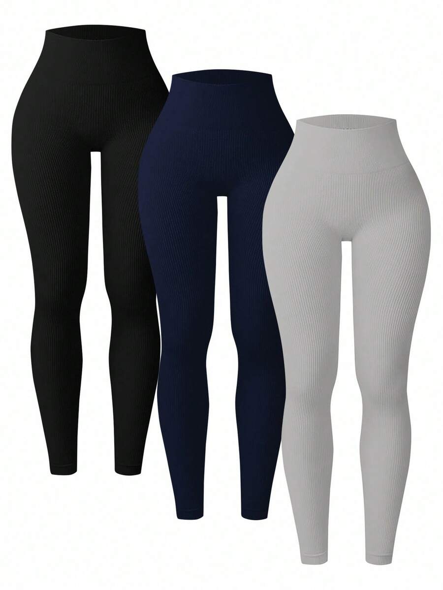Velisys Velisys 3 Paket Legging Bergaris Tanpa Jahitan untuk Wanita, Celana Yoga Kontrol Perut Pinggang Tinggi Tidak Tembus Pandang untuk Olahraga, Lari, Bersepeda, dan Latihan Santai