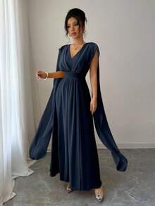 Elenzga Women's Solid Color Splicing Ribbon Decor V-Neck Waisted Long Dress - Navy Blue - View 5