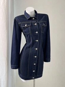 Elamini 女式休闲水洗前扣牛仔连衣裙 - 藍色 - 查看 4