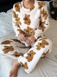 Snug Zone Casual Women Comfortable Bear Plush Sweatshirt And Pants Pajama Set Teddy Bear Pajama Set Animal Print Pajama Set Pajamas Teddy Bear Pajamas, Fall/Winter Clothes, Fluffy, Cozy - Multicolor - View 6