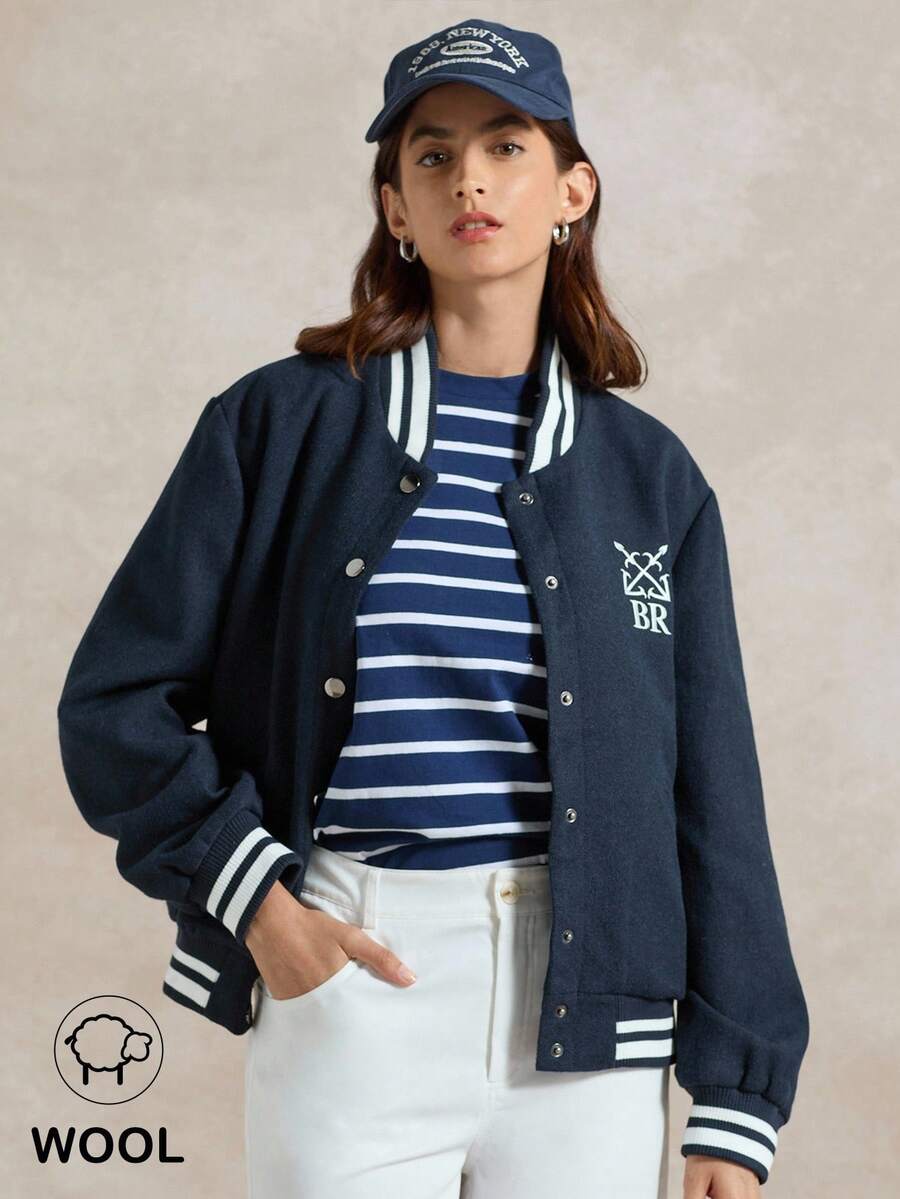 Briarwyn 女式休闲撞色条纹字母刺绣棒球夹克,女式冬季夹克,女式运动夹克,女式橄榄球夹克,女式飞行员夹克,女式秋季服装 - 藏蓝色 - 查看 1