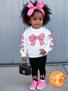 SHEIN Playful Pals 2 件套女婴服装：白色运动衫，带可爱蝴蝶结和格子印花，长袖圆领运动衫和黑色松紧腰打底裤，适合休闲、户外、旅行，6 个月 - 3 岁 - 黑與白 - 查看 3