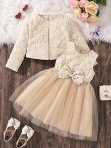 SHEIN Elladie kids 2pcs/Set Young Girl Fashion Jacquard Bow Tulle Ruffle Long Sleeve Jacket & Skirt Set, Autumn/Winter