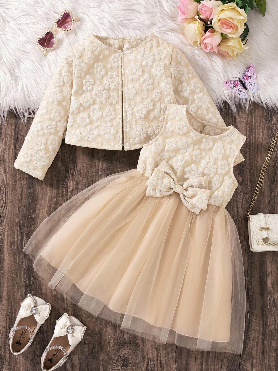 SHEIN Elladie kids 2pcs/Set Young Girl Fashion Jacquard Bow Tulle Ruffle Long Sleeve Jacket & Skirt Set, Autumn/Winter