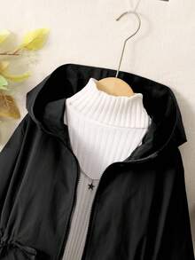 少女束腰连帽中长款轻便夹克，适合秋季日常穿着 - 黑色 - 查看 8
