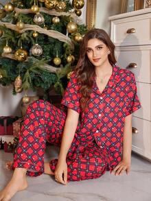 LuxeNights Conjunto de pijama casual navideño a cuadros para mujer de talla grande - Rojo - Ver 2