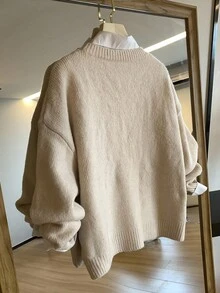 SHEIN Franclia 女式复古刺绣圆领长袖毛衣 - 卡其色 - 查看 2
