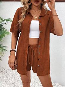 EMERY ROSE Women's Collared Cardigan And Shorts 2 Pieces Set - Brown - View 4