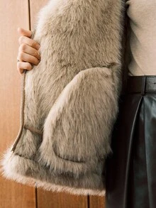 Arave 棕色超大领复古高端仿皮毛绒绒夹克