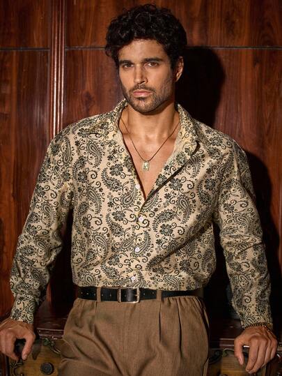 HIMLAND Men's Casual Loose Fit Drop Shoulder Floral Digital Print Shacket, For Fall, Winter