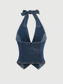 ROMWE Grunge Punk 女款 Y2K 性感露背铆钉牛仔短款上衣 - 藍色 - 查看 2