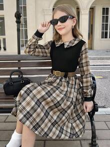 SHEIN 青少年女孩梭织格子紧身休闲连衣裙 - 黑色 - 查看 6