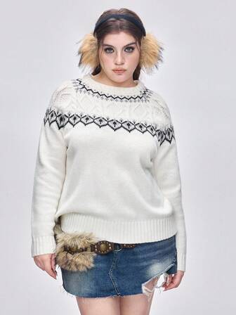 Kawaii Pull col roulé à motif Fair Isle, taille grande, hiver