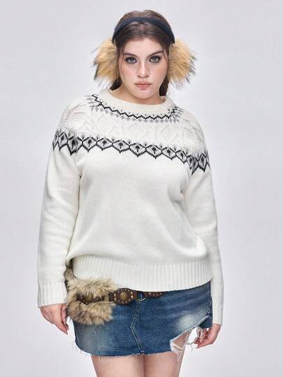 Kawaii Suéter de cuello alto con estampado Fair Isle, talla grande, invierno